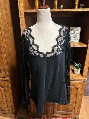 Ambiance Black Lace-Trim Long Sleeve Blouse Size 2X EUC